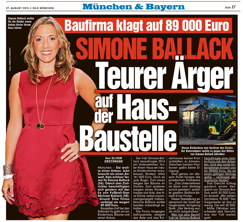 BILD Zeitung München vom 27.08.2015 - Simone Ballack Teurer Ärger auf der Haus-Baustelle
